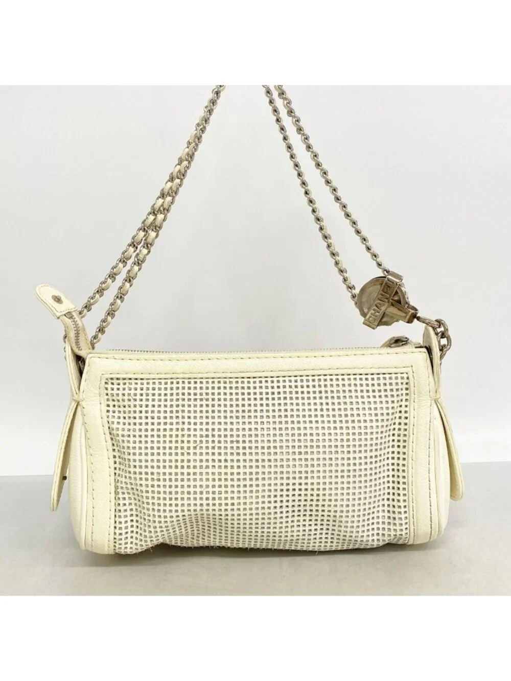Chanel Shoulder Bag Perforated Leather Ivory Silver